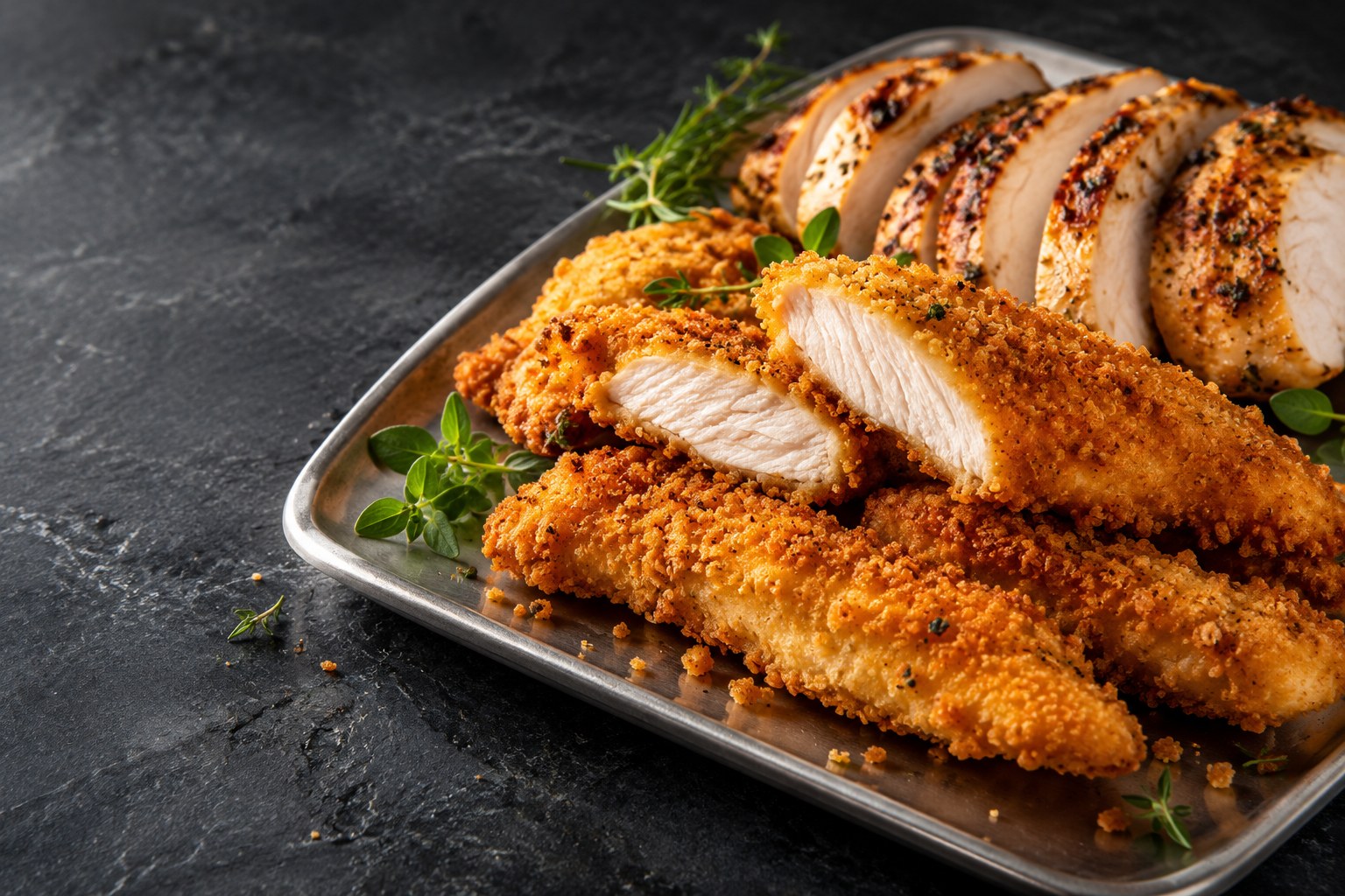 Golden coated chicken strips and sliced roasted chicken, presented with fresh herbs